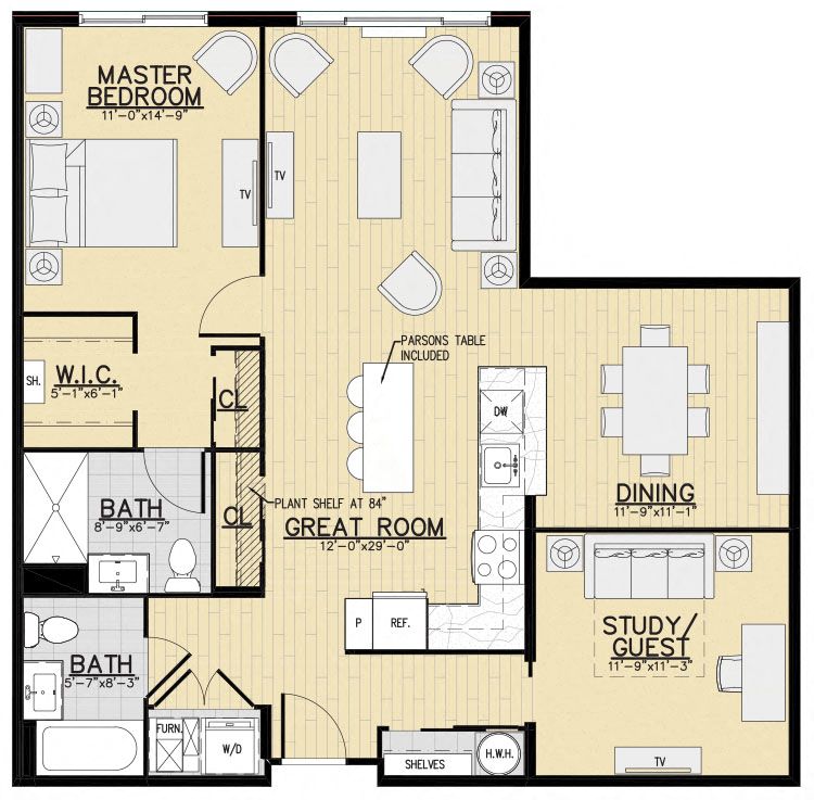Floor plan for 1 bed, 2 baths, 1121 sqft