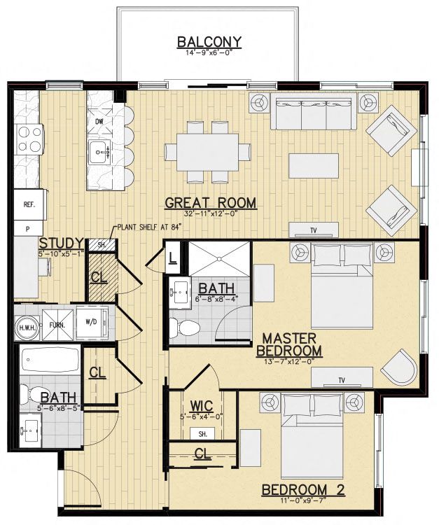 Floor plan for 2 beds, 2 baths, 1115 sqft