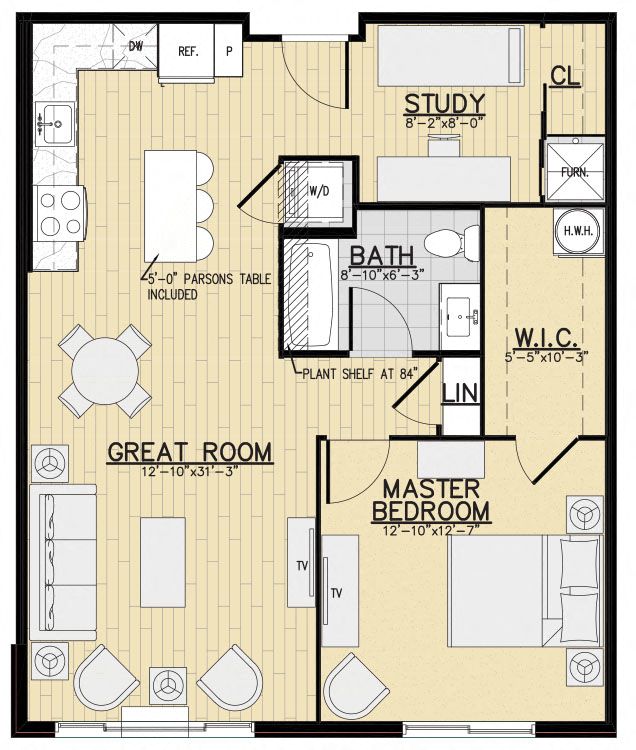 Floor plan for 1 bed, 1 bath, 843 sqft