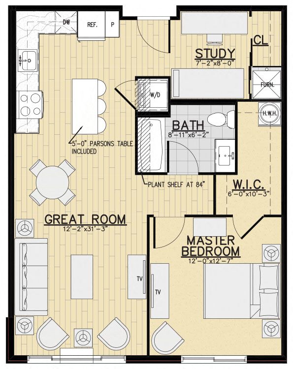 Floor plan for 1 bed, 1 bath, 791 sqft