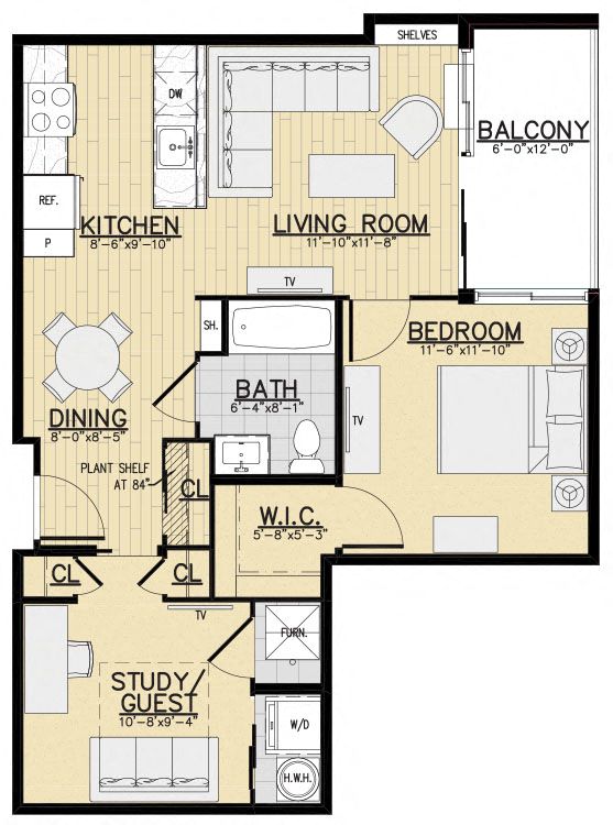 Floor plan for 1 bed, 1 bath, 751 sqft