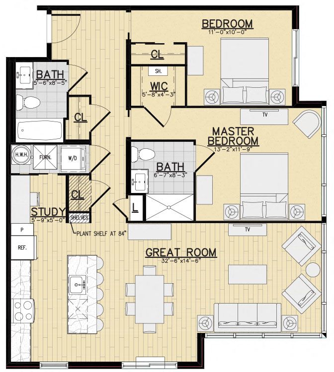 Floor plan for 2 beds, 2 baths, 1156 sqft