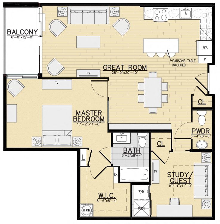 Floor plan for 1 bed, 1.5 baths, 1054 sqft