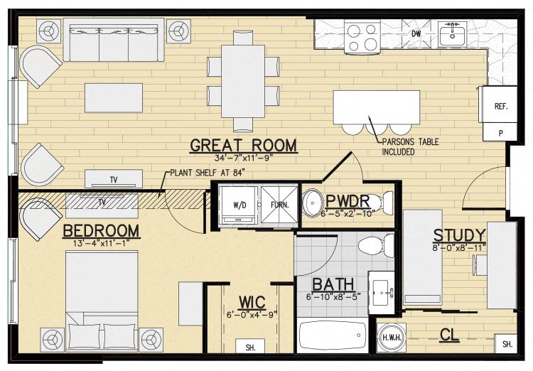 Floor plan for 1 bed, 1.5 baths, 837 sqft