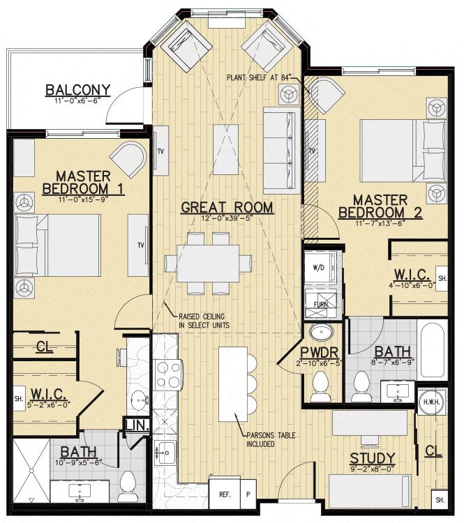 Floor plan for 2 beds, 2.5 baths, 1256 sqft