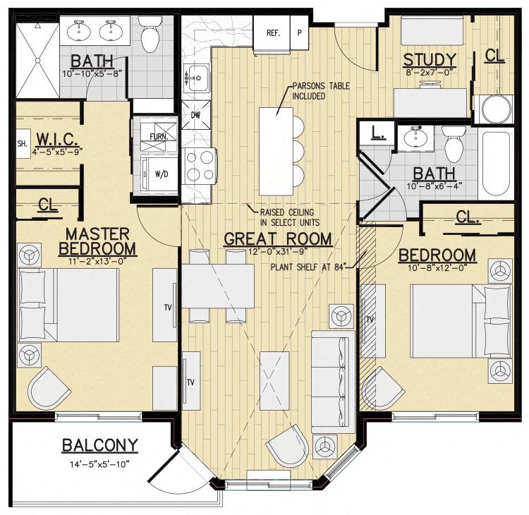 Floor plan for 2 beds, 2 baths, 1008 sqft