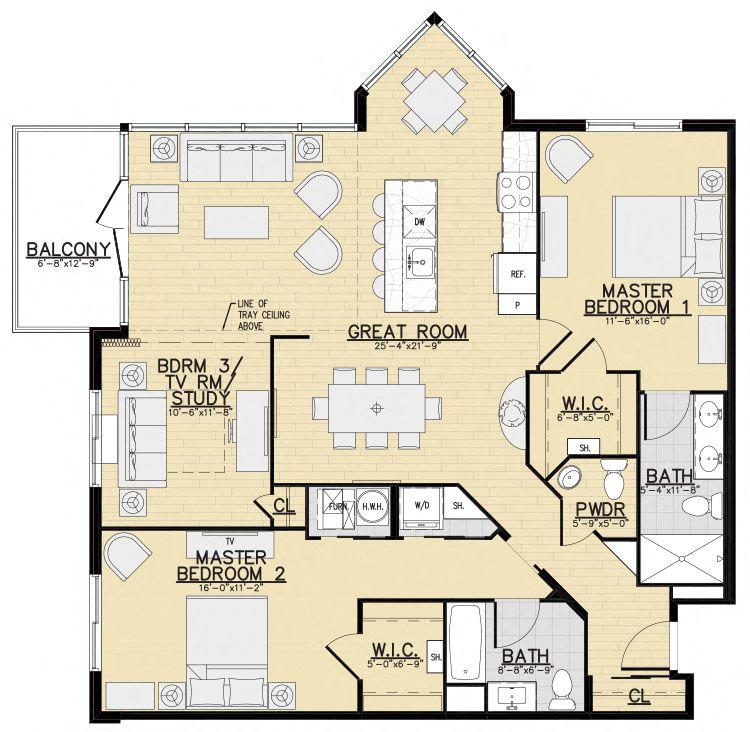 Floor plan for 2 beds, 2.5 baths, 1448 sqft