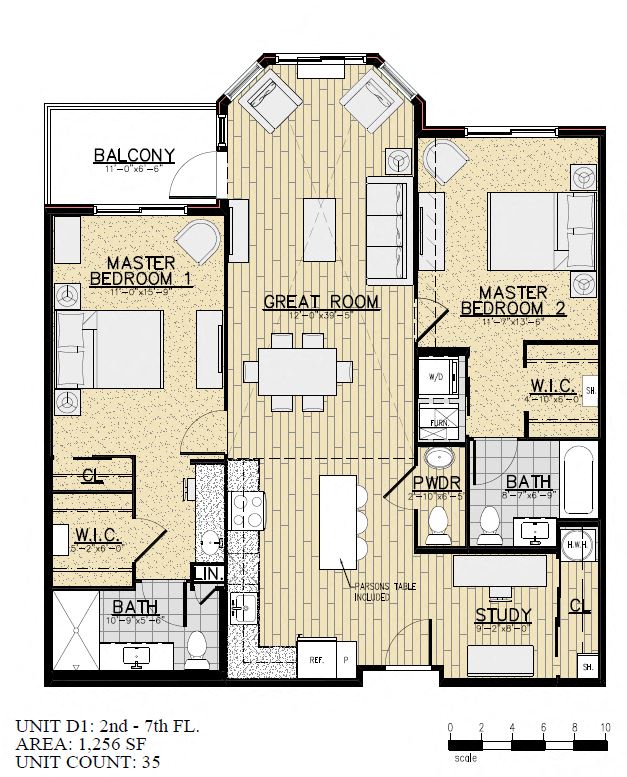 Floor plan for 2 beds, 2.5 baths, 1253 sqft