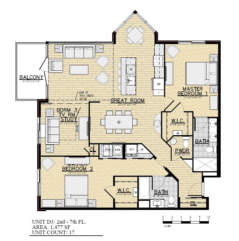 Floor plan for 2 beds, 2.5 baths, 1448 sqft