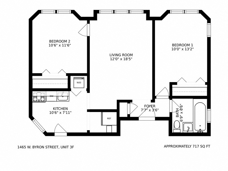 Floor plan for 2 beds, 1 bath, 724 sqft
