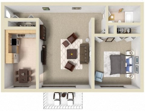 Floor plan for 1 bed, 1 bath, 664 sqft