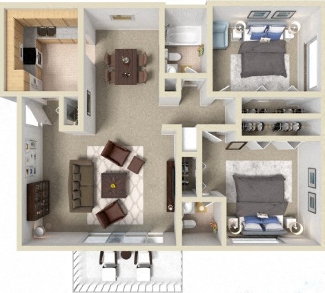Floor plan for 2 beds, 1.5 baths, 950 sqft
