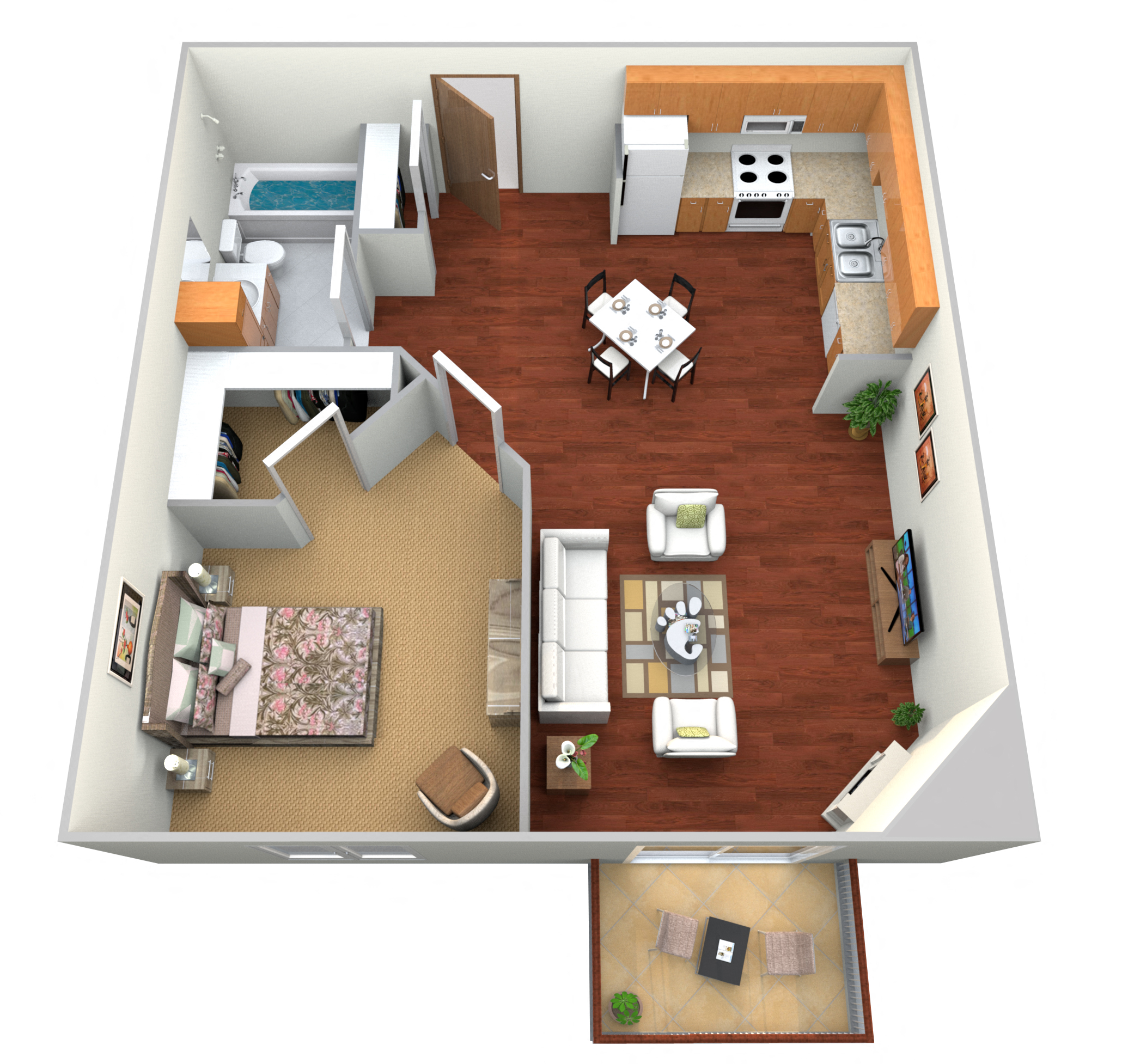 Floor plan for 1 bed, 1 bath, 694 sqft