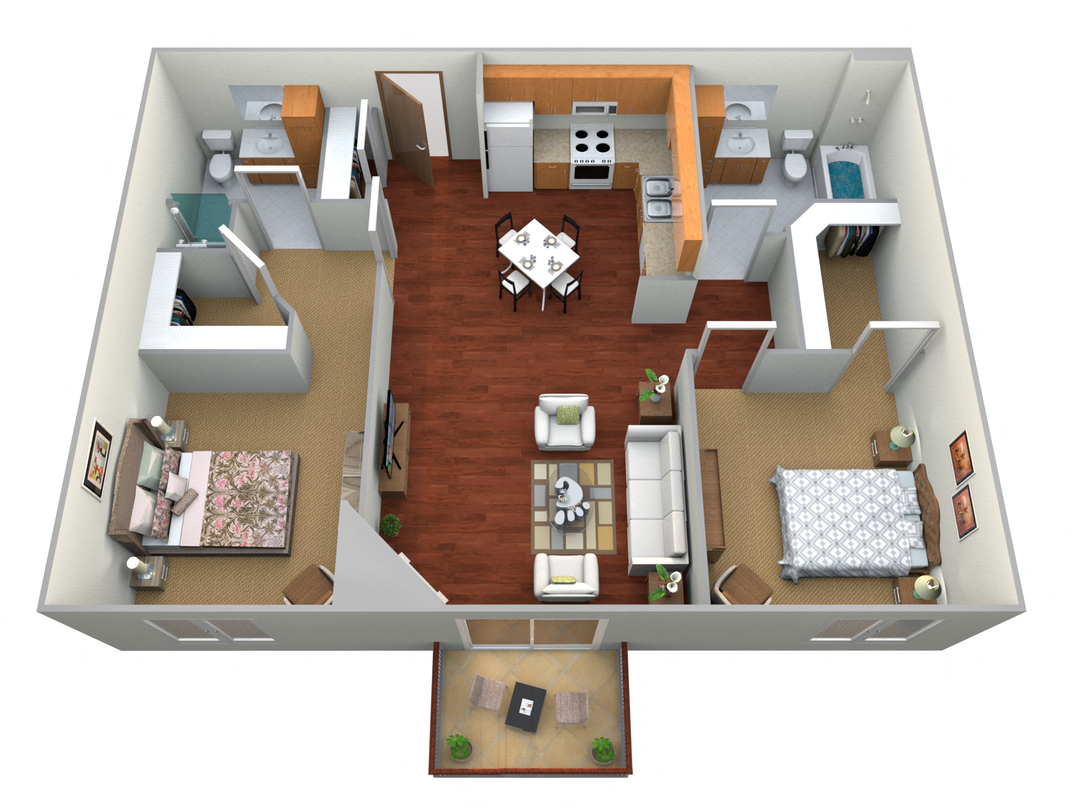 Floor plan for 2 beds, 2 baths, 980 sqft
