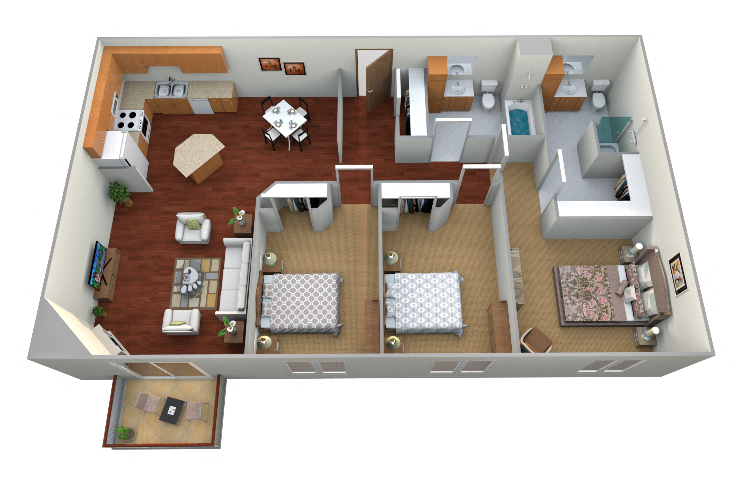Floor plan for 3 beds, 2 baths, 1240 sqft