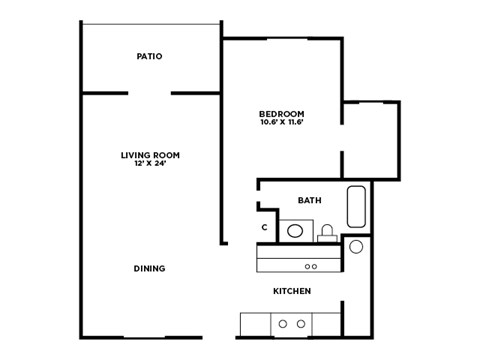 Floor plan for 1 bed, 1 bath, 590 sqft