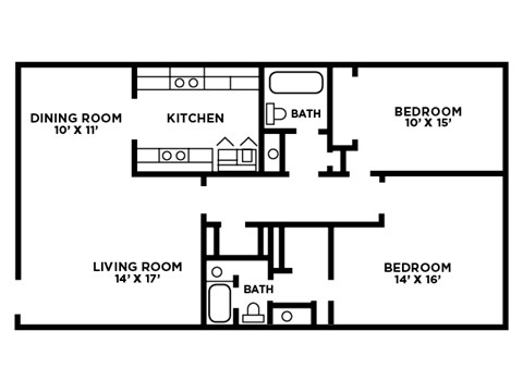 Floor plan for 2 beds, 2 baths, 1090 sqft