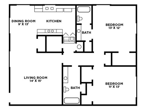 Floor plan for 2 beds, 2 baths, 960 sqft