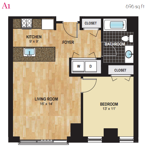 Floor plan for 1 bed, 1 bath, 696 sqft
