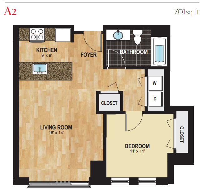 Floor plan for 1 bed, 1 bath, 701 sqft