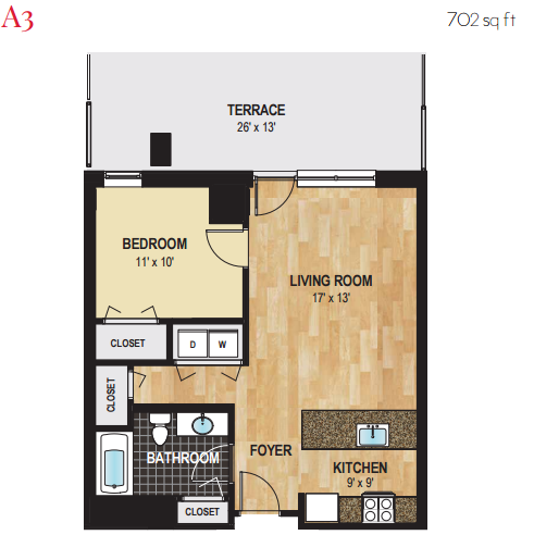 Floor plan for 1 bed, 1 bath, 702 sqft