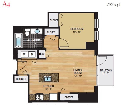 Floor plan for 1 bed, 1 bath, 732 sqft