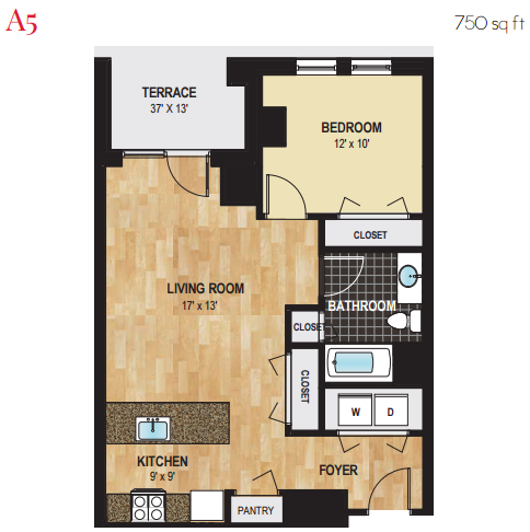 Floor plan for 1 bed, 1 bath, 750 sqft