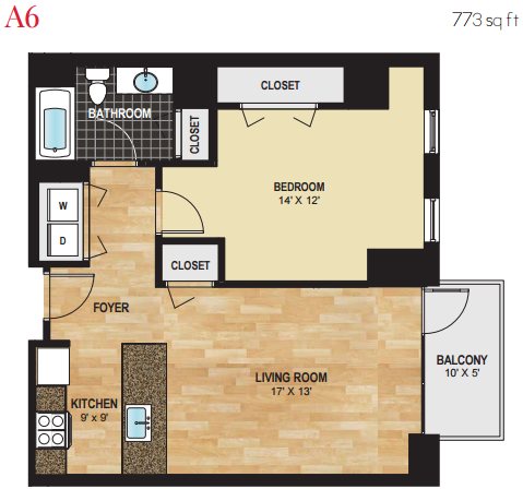 Floor plan for 1 bed, 1 bath, 773 sqft