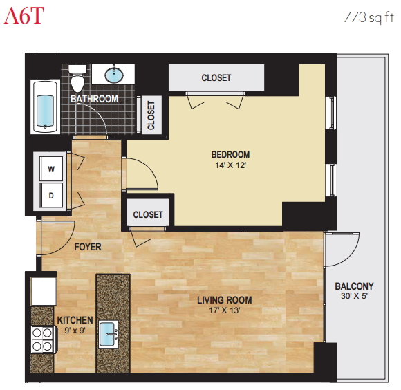 Floor plan for 1 bed, 1 bath, 773 sqft