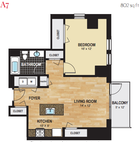 Floor plan for 1 bed, 1 bath, 802 sqft