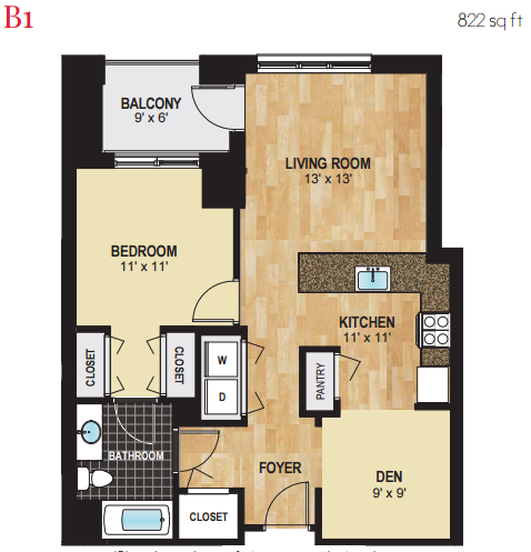 Floor plan for 1 bed, 1 bath, 822 sqft