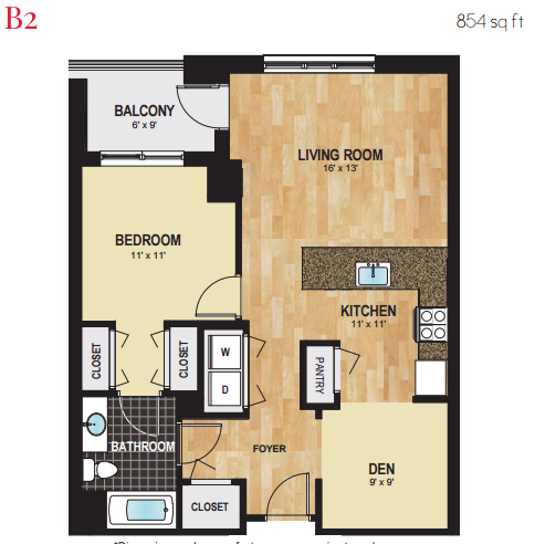 Floor plan for 1 bed, 1 bath, 854 sqft