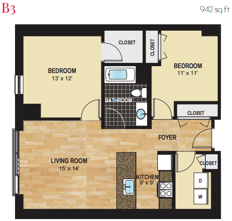 Floor plan for 2 beds, 1 bath, 942 sqft