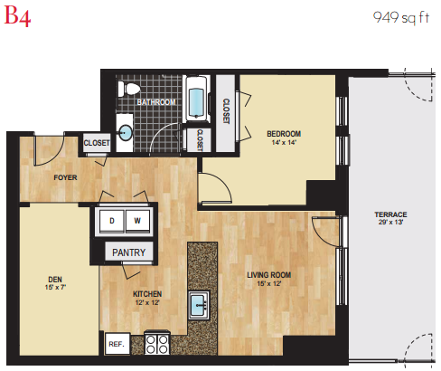 Floor plan for 2 beds, 1 bath, 949 sqft