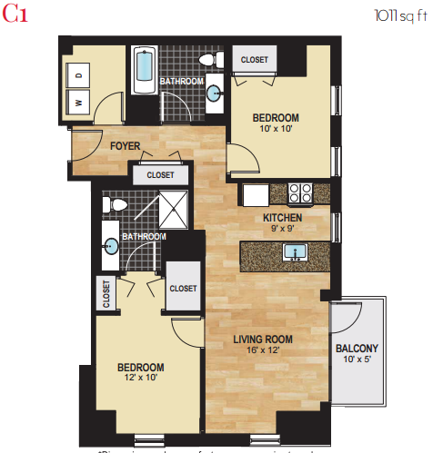 Floor plan for 2 beds, 2 baths, 1011 sqft