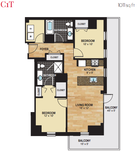 Floor plan for 2 beds, 2 baths, 1011 sqft