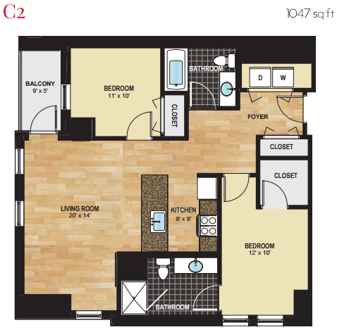 Floor plan for 2 beds, 2 baths, 1047 sqft