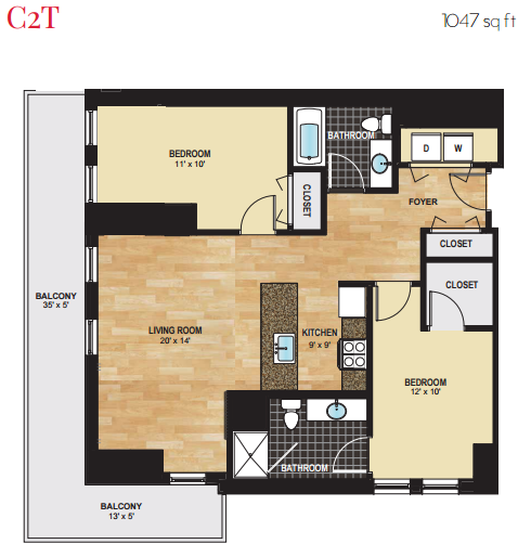 Floor plan for 2 beds, 2 baths, 1047 sqft
