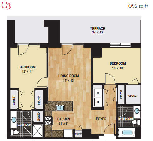 Floor plan for 2 beds, 2 baths, 1052 sqft
