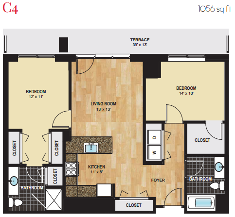 Floor plan for 2 beds, 2 baths, 1056 sqft