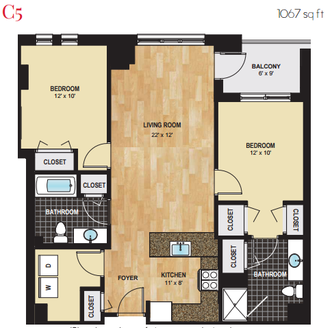 Floor plan for 2 beds, 2 baths, 1067 sqft