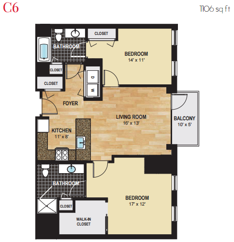 Floor plan for 2 beds, 2 baths, 1106 sqft