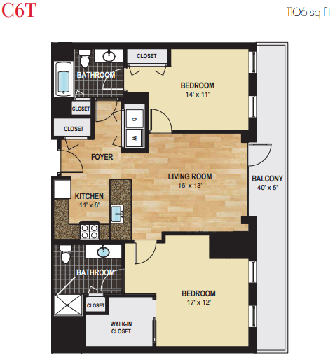 Floor plan for 2 beds, 2 baths, 1106 sqft