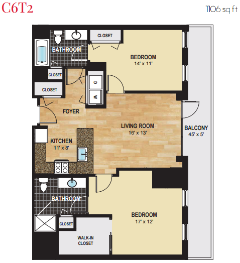 Floor plan for 2 beds, 2 baths, 1106 sqft