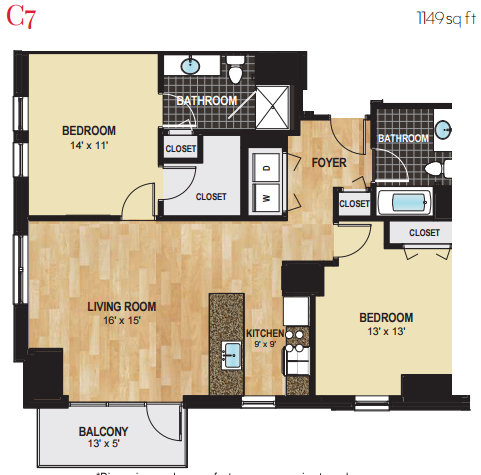 Floor plan for 2 beds, 2 baths, 1149 sqft