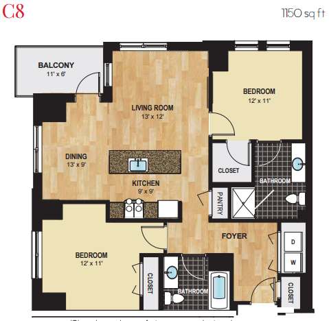 Floor plan for 2 beds, 2 baths, 1150 sqft