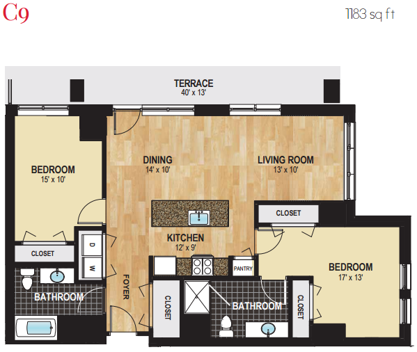Floor plan for 2 beds, 2 baths, 1183 sqft