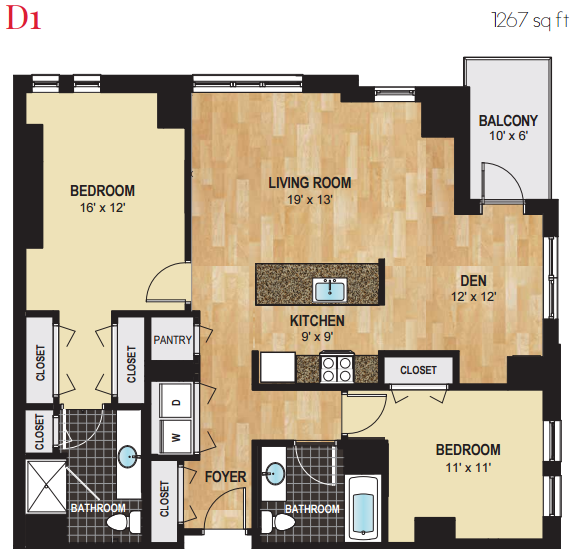 Floor plan for 2 beds, 2 baths, 1267 sqft