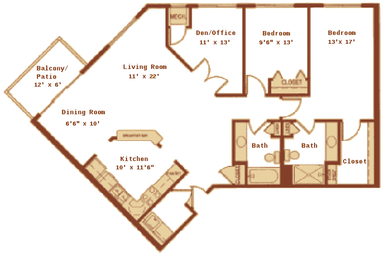 Floor plan for 2 beds, 2 baths, 1295 sqft