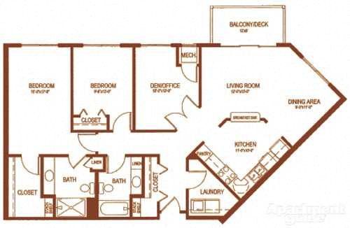 Floor plan for 2 beds, 2 baths, 1231 sqft